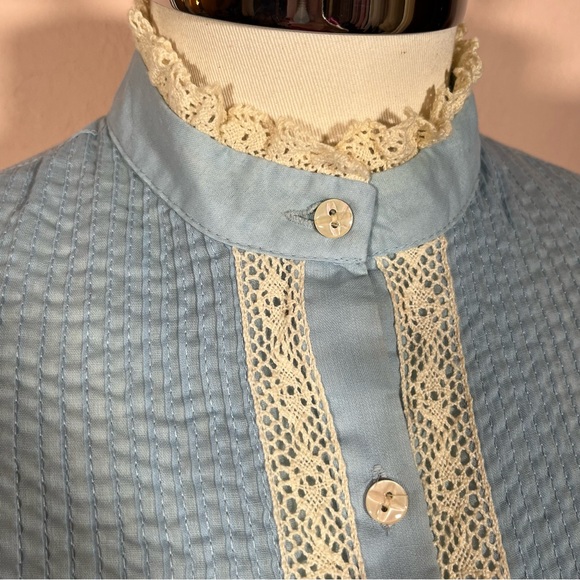 Vintage 60 70 MCM MOD Victorian Blue Lace High Collar Puff Sleeve Tuxedo Blouse - Picture 6 of 16